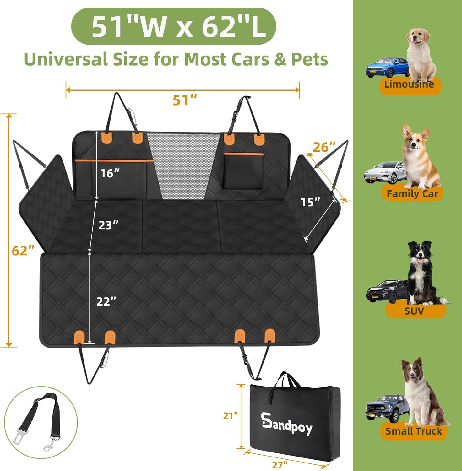 Back Seat Extender for Dogs - Increases Space by 40%, Durable Waterproof Dog Car Seat Cover with Hard Bottom, Supports Up to 400 lbs, Includes Mesh Window, Ideal Travel Bed for Cars and SUVs