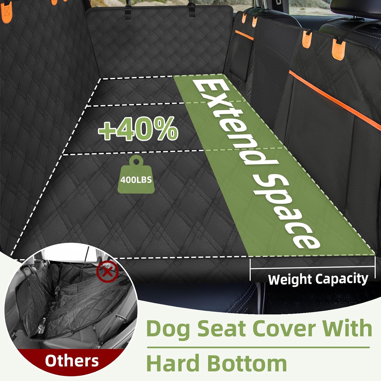 Back Seat Extender for Dogs - Increases Space by 40%, Durable Waterproof Dog Car Seat Cover with Hard Bottom, Supports Up to 400 lbs, Includes Mesh Window, Ideal Travel Bed for Cars and SUVs
